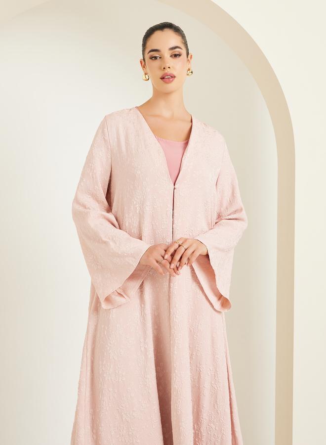Amirah Women Pink Jacquard Open Front Abaya - Image 2